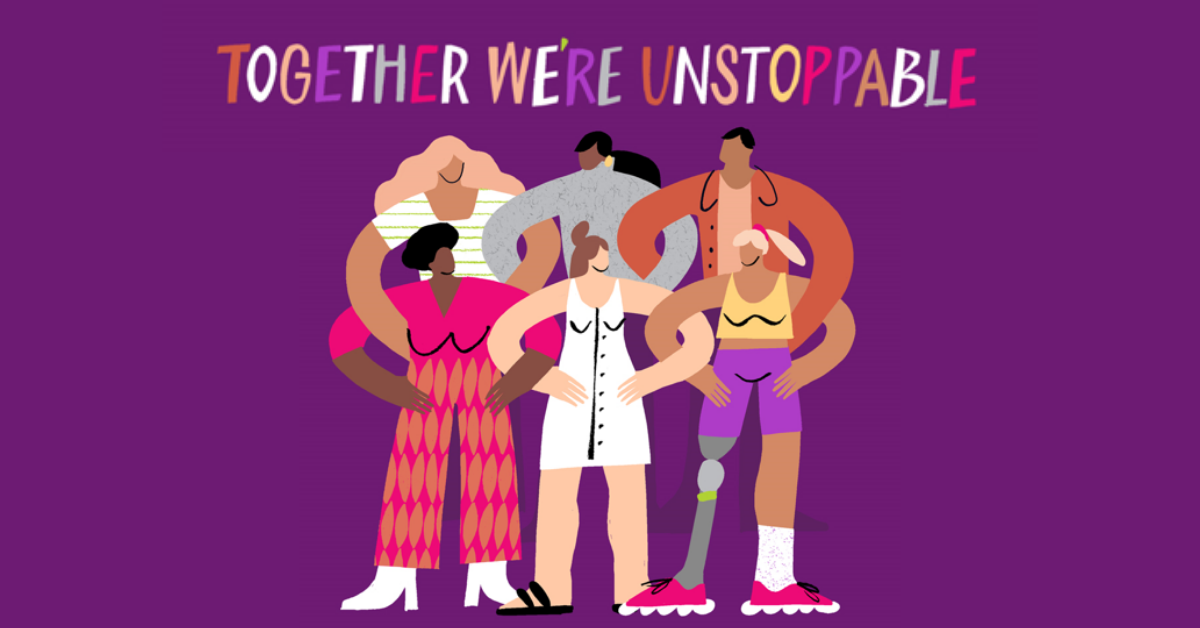 An illustration created by Antra Svarcs. It shows diverse people from the feminist movement together with their arms joined. 'Together we are unstoppable' is written above.