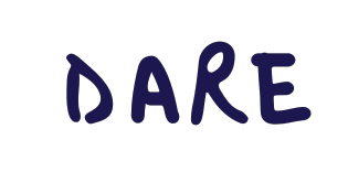 Navy text that says 'dare' in handwritten font