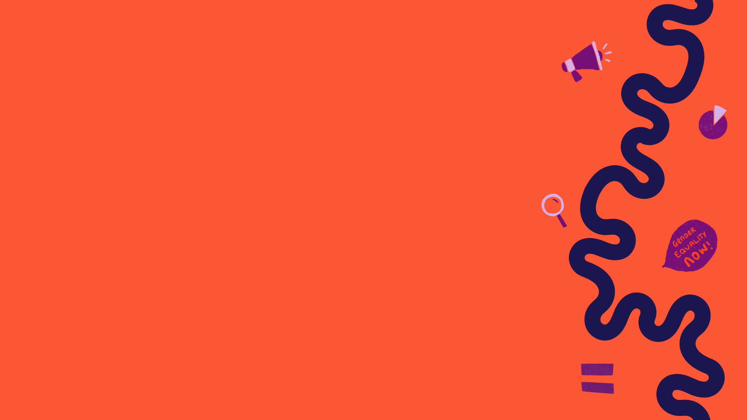 Orange background with a navy squiggle with small icons representing data and gender equality